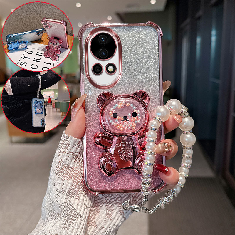 Huawei Nova 12 - Sevimli Ayı Karikatür Desenli İnci Askılı